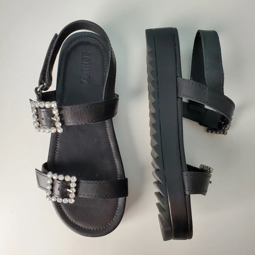 NEW Schutz Ruth Platform Sandals 90's Y2K Grunge Rhinestone Buckles Leather - Picture 1 of 8
